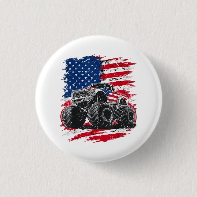 Monster Truck USA Flag American 1 Inch Round Button (Front)