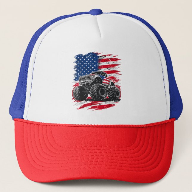 Monster Truck USA Flag American Trucker Hat (Front)