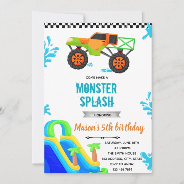 Monster Truck waterslide pool party Invitation (Devant)