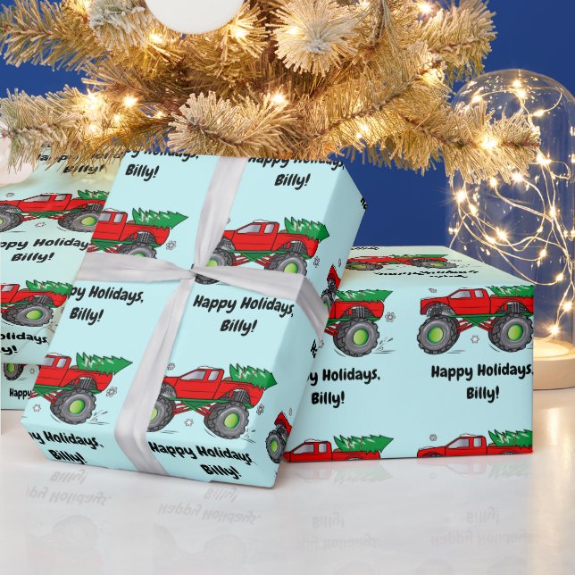 Monster Truck with Christmas Tree Name Customize Wrapping Paper (Holidays)