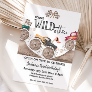 Monster Truck YOUND WILD & THREE 3rd birthday kids Invitation