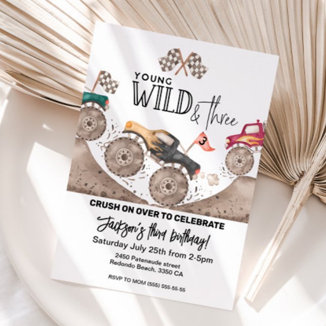 Monster Truck Young Wild Three Birthday invite  (Monster truck Young wild and Three birthday invitation)