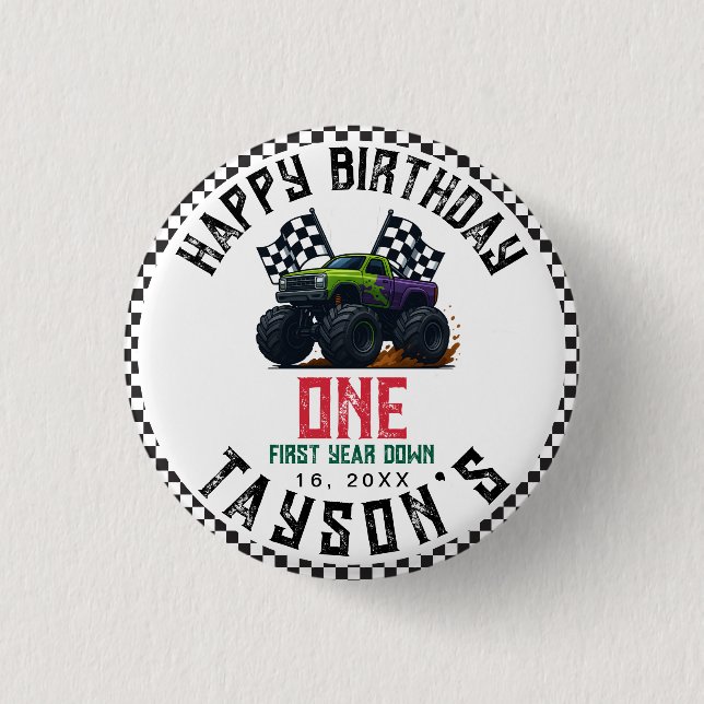 Monster Trucks 1st Birthday Vroom Party 1 Inch Round Button (Front)