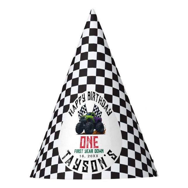 Monster Trucks 1st Birthday Vroom Party Hat (Front)