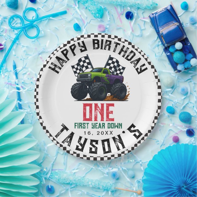 Monster Trucks 1st Birthday Vroom Party Paper Plate (Party)