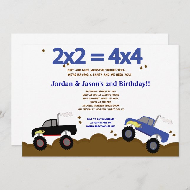 MONSTER TRUCKS 5x7 Invitations d'anniversaire pour (Devant / Derrière)
