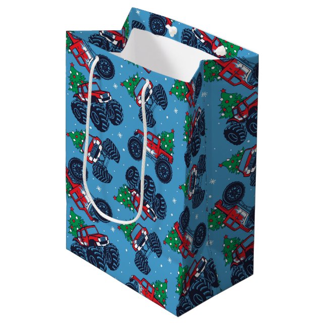 Monster Trucks and Christmas Trees Pattern Medium Gift Bag (Front Angled)