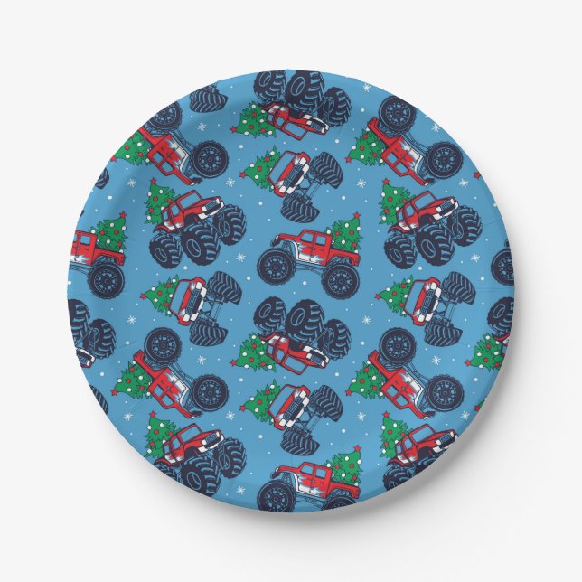 Monster Trucks and Christmas Trees Pattern Paper Plate (Front)
