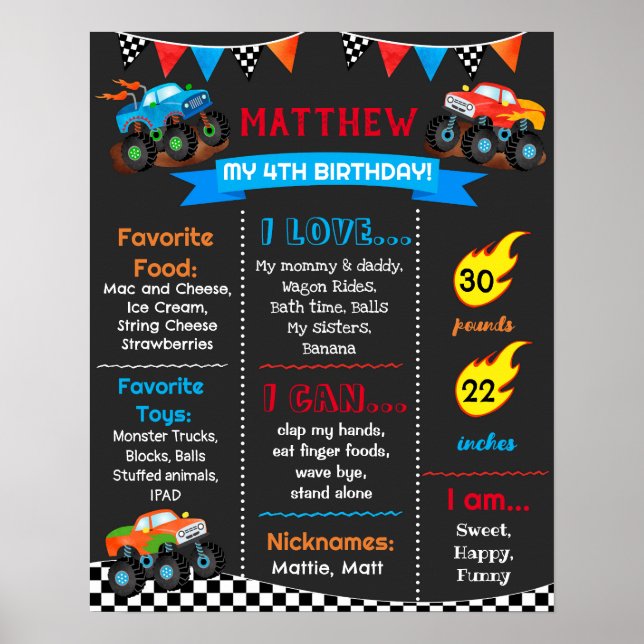 Monster Trucks Cars Birthday Milestone Sign Poster (Front)