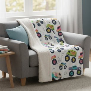 Monster Trucks Cars Modern Colorful Kids Boys Sherpa Blanket