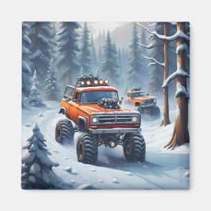 Monster Trucks Driving In Snowy Forest Magnet