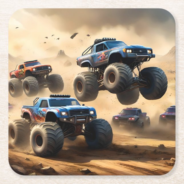 Monster Trucks Racing In The Desert, Square Paper Coaster (Front)