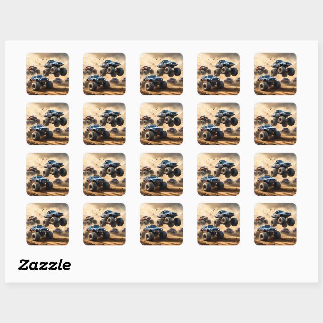 Monster Trucks Racing In The Desert, Square Sticker (Sheet)