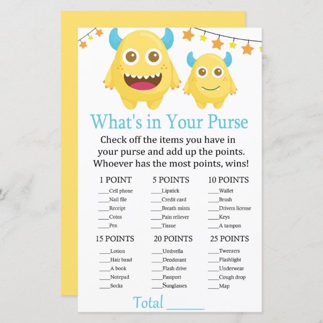 Monster What's in your purse game baby shower (Front/Back)