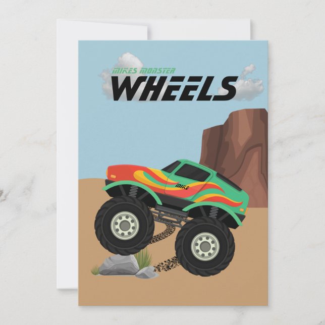 Monster  wheels orange, yellow, red, green invitation (Front)