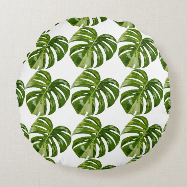 Monstera Albo Leaf — Botanical Home Decor Round Pillow (Front)
