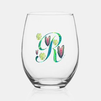 Monstera Alphabet "R" Stemless Wine Glass
