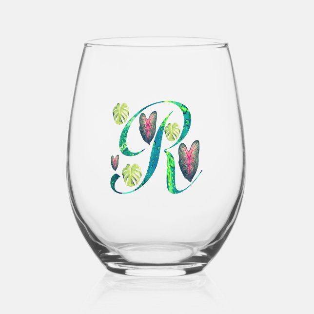 Monstera Alphabet "R"  Stemless Wine Glass (Front)