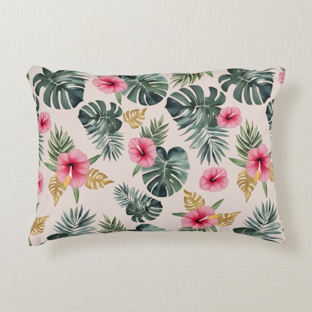Monstera and Hibiscus Pattern Accent Pillow (Front)
