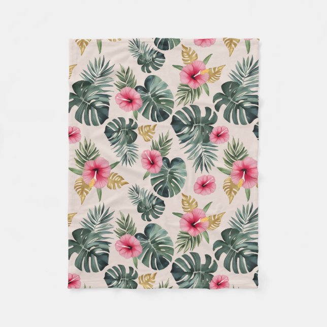 Monstera and Hibiscus Pattern Fleece Blanket (Front)