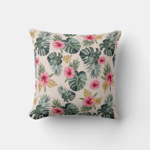 Monstera and Hibiscus Pattern Throw Pillow