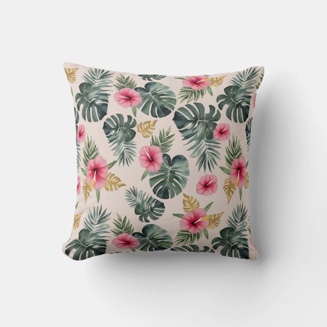 Monstera and Hibiscus Pattern Throw Pillow (Front)