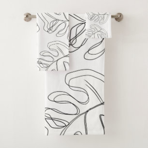 Monstera Black White Botanical Wedding Bath Towel Set