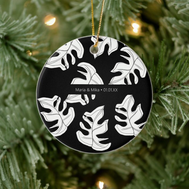 Monstera Black White Botanical Wedding Ceramic Ornament (Tree)