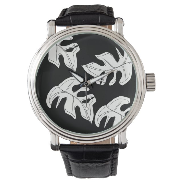 Monstera Black White Botanical Wedding Watch (Front)