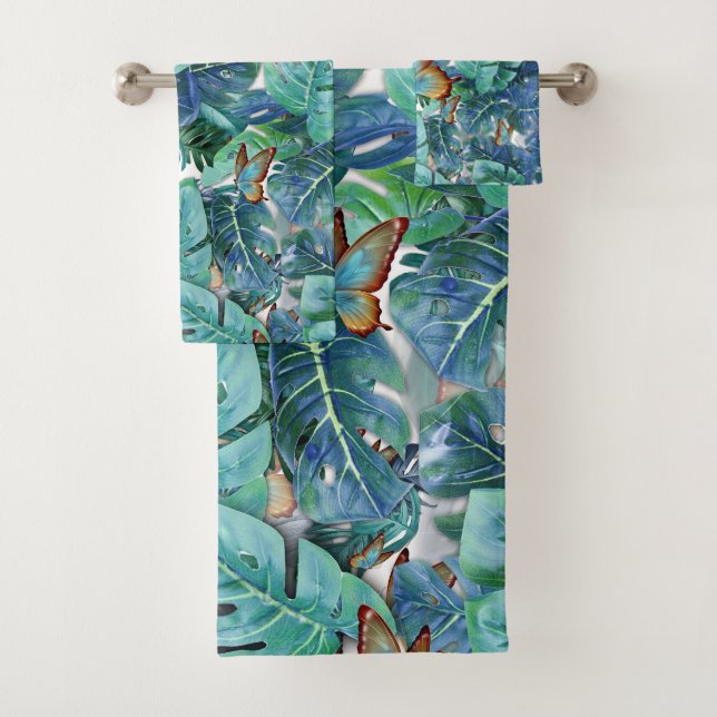Monstera bleu turquoise Feuilles et papillons (En situation)
