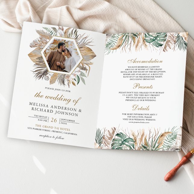 Monstera Boho Pampas All in One QR Code Wedding Invitation (Creator Uploaded)