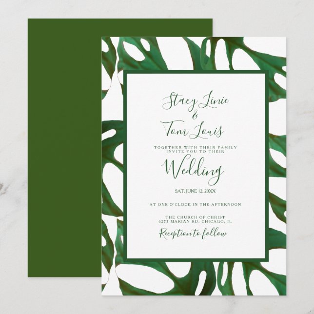Monstera Botanical Leaf Green White Wedding  Invitation (Front/Back)
