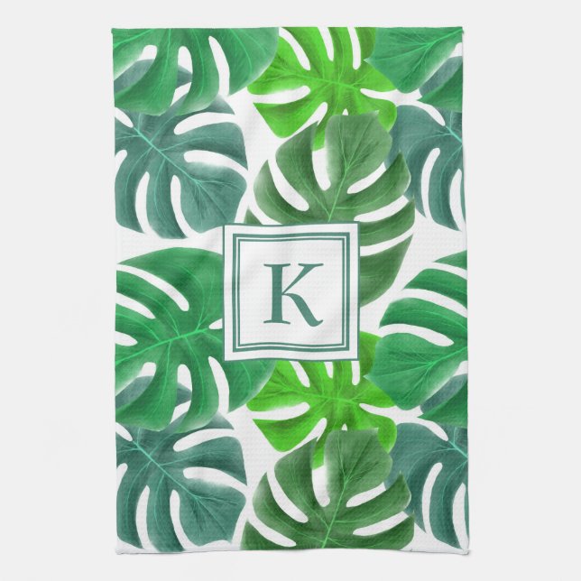 Monstera Deliciosa Leaves Monogrammed Pattern Kitchen Towel (Vertical)