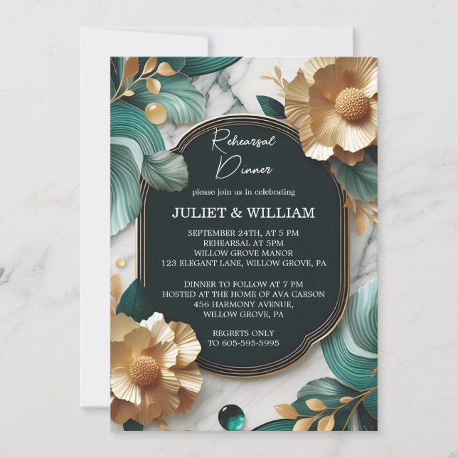 Monstera Emerald Green And Gold Rehearsal Dinner Invitation (Front)