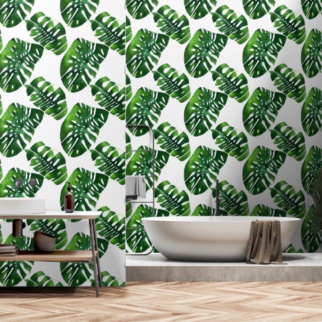 Monstera evergreen jungle tropical leaf greenery wallpaper (Bathroom)