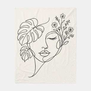 Monstera Floral Face Line Art Fleece Blanket