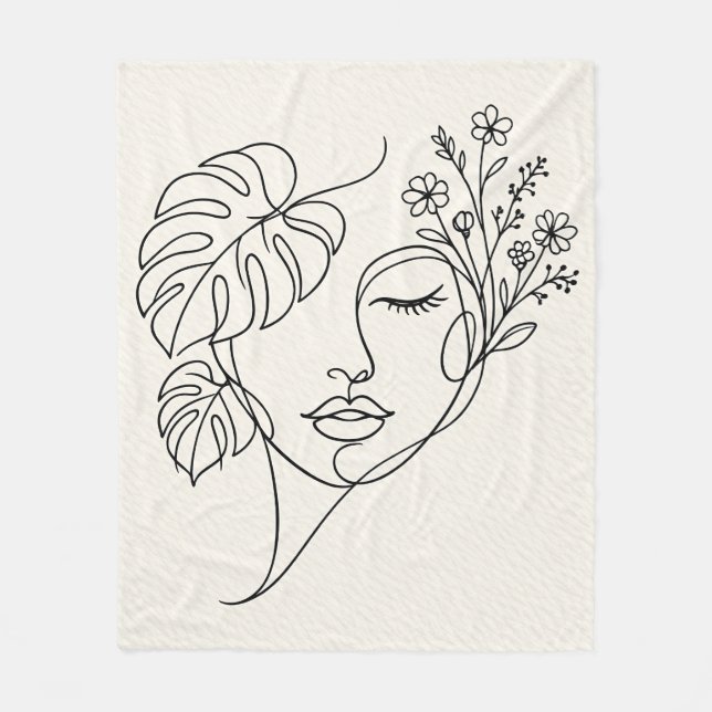 Monstera Floral Face Line Art Fleece Blanket (Front)