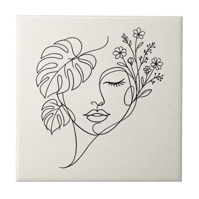 Monstera Floral Face Line Art Tile (Front)