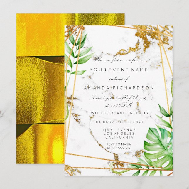 Monstera Gold Frame Greenery Marble Tropical Lux Invitation (Front/Back)