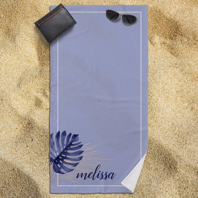 Monstera Gold Palm Leaf Dusty Blue Tropical Beach Towel (Dusty Blue Tropical Beach Towel -- Great Gift Idea!)