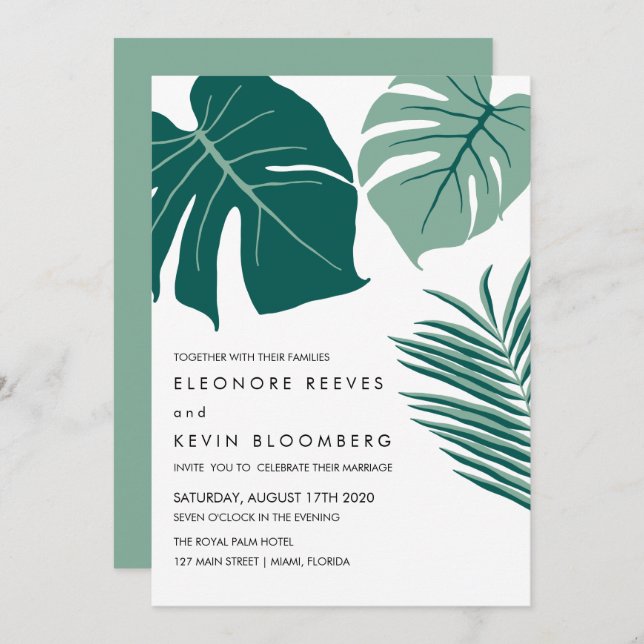 Monstera | Green | Tropical Leaves Wedding Invitation (Front/Back)