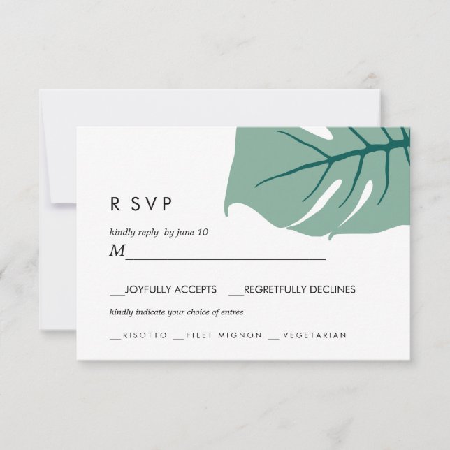 Monstera | Green |  Wedding RSVP meal choice Card (Front)