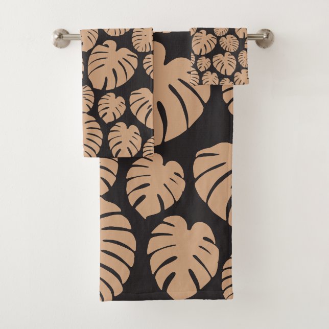 Monstera in Tan and Black Bath Towel Set (Insitu)