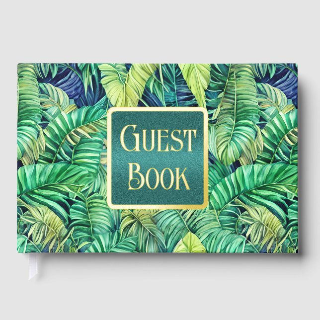 Monstera jungle leaf tropical greenery real foil guest book (Front)