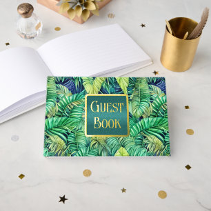 Monstera jungle leaf tropical greenery real foil guest book