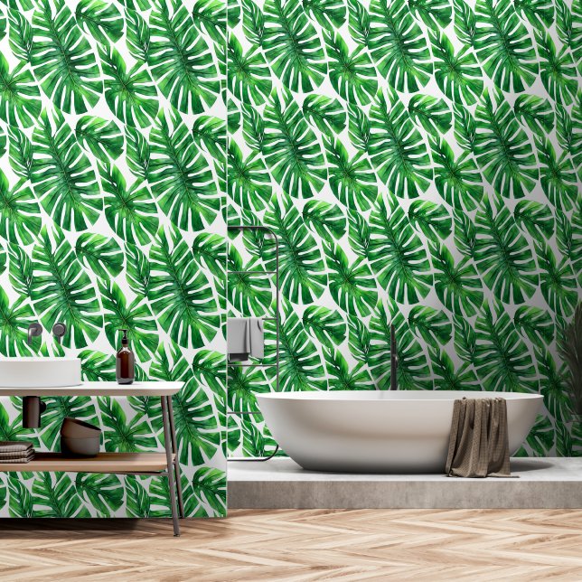 Monstera jungle leaf tropical Hawaiian pattern Wallpaper (Bathroom)