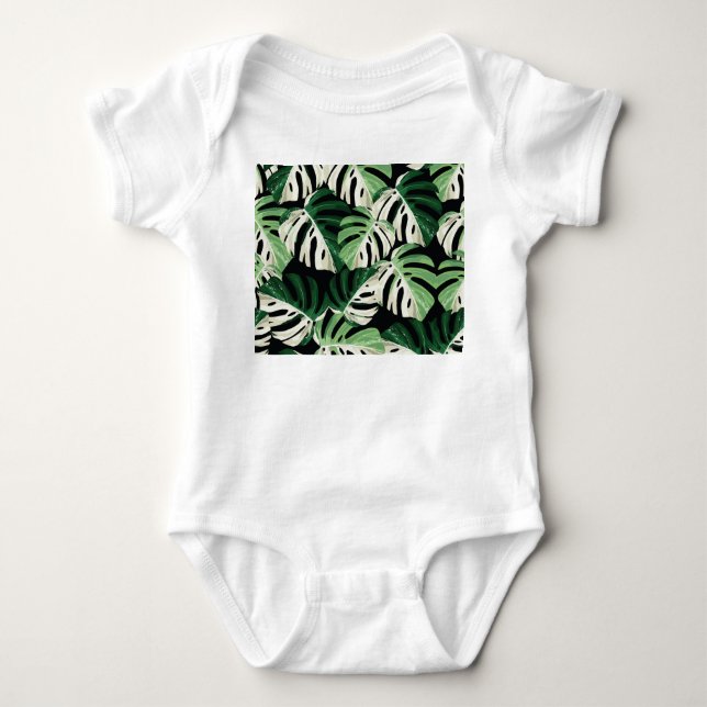 Monstera Leaf Exotic Black Pattern Baby Bodysuit (Front)