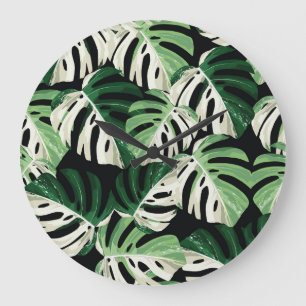 Monstera Leaf Exotic Black Pattern Large Clock