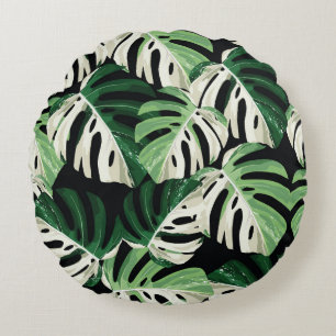 Monstera Leaf Exotic Black Pattern Round Pillow
