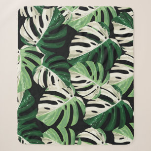 Monstera Leaf Exotic Black Pattern Sherpa Blanket